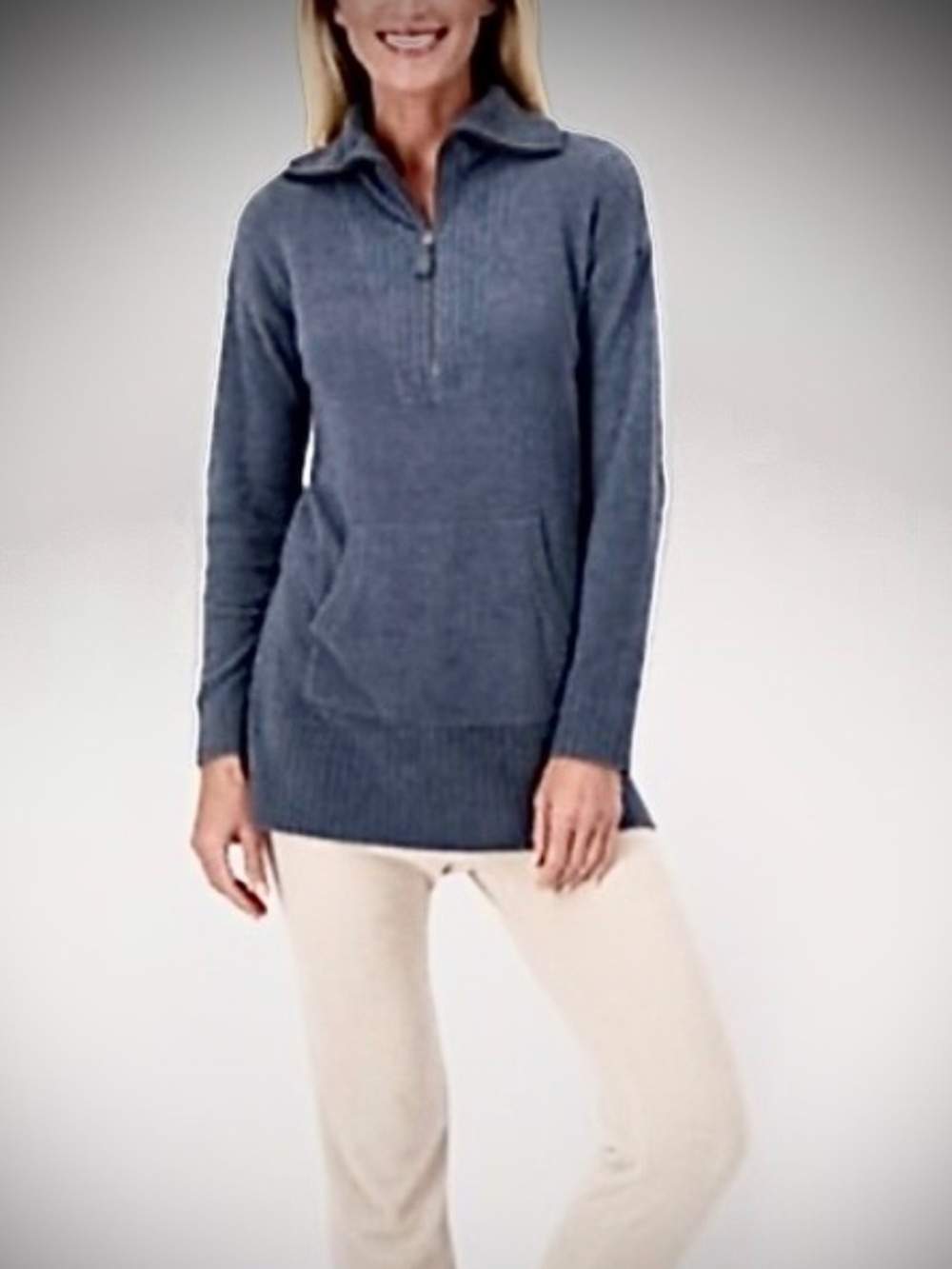 New Barefoot Dreams Women’s Rib Half Zip Tunic CozyChic Lite Deep Ocean Blue Sml